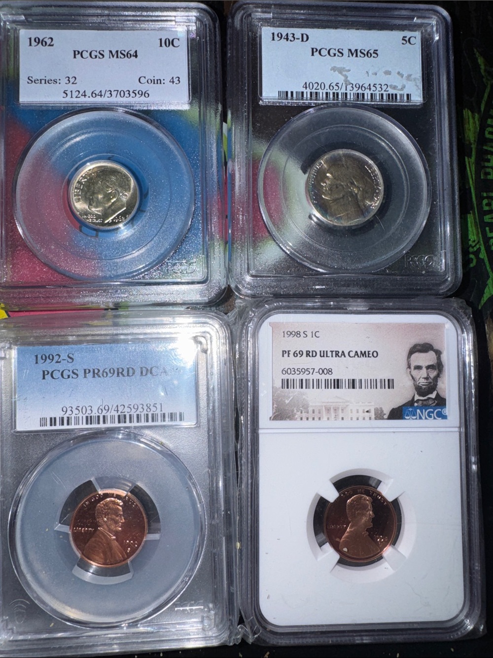 4 Slabs (3 PCGS & NGC) 92SRD & 98SRD Proof69 Cents, 43 War Nickel. Silver Dime